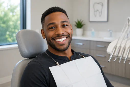 man smiling in dental chair man smiling in dental chair